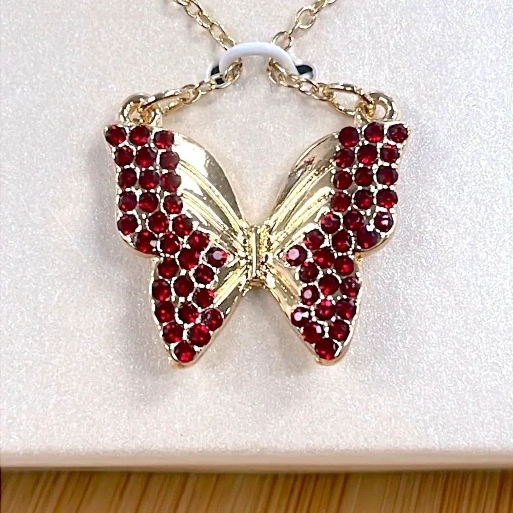 Brand New Butterfly Necklace & Post Earring Set Gold Tone Red Crystal Rhinestone